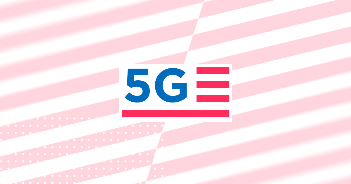 Abstract illustration of an american flag with "5G" designed into it's motif, with a red stripe background