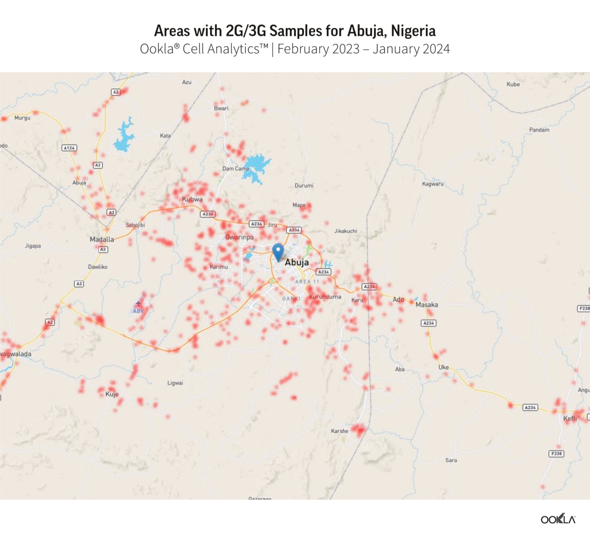 Map of Areas with 2G/3G Samples for Abuja, Nigeria