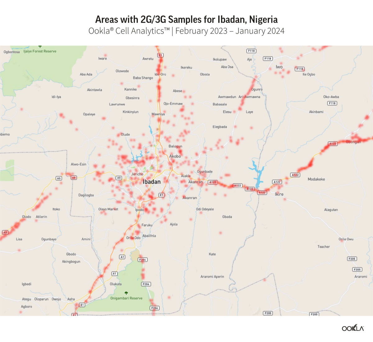 Map of Areas with 2G/3G Samples for Ibadan, Nigeria