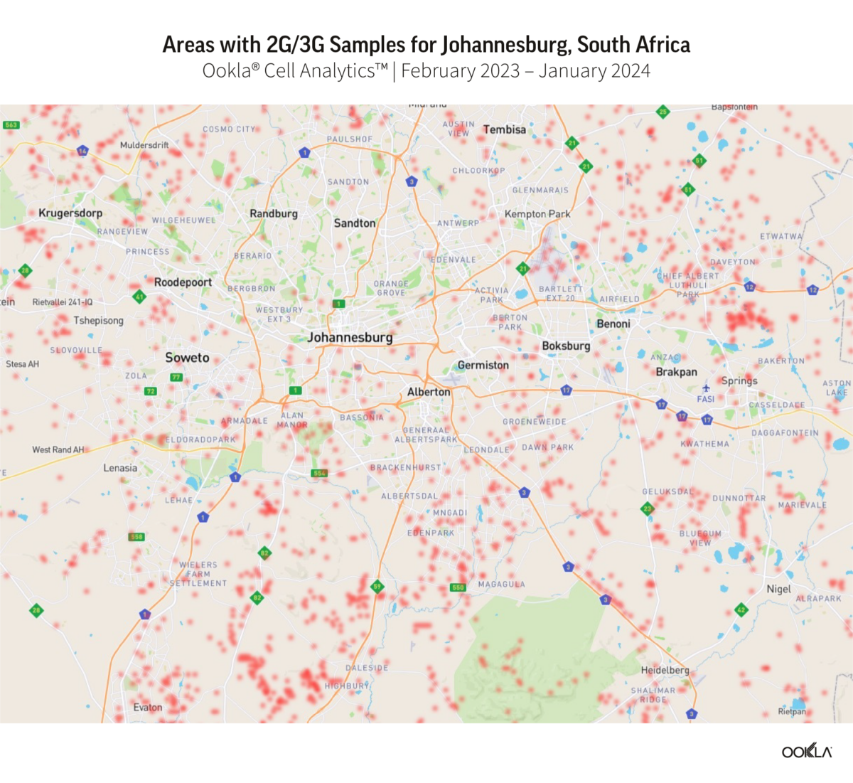 Map of Areas with 2G/3G Samples for Johannesburg, South Africa