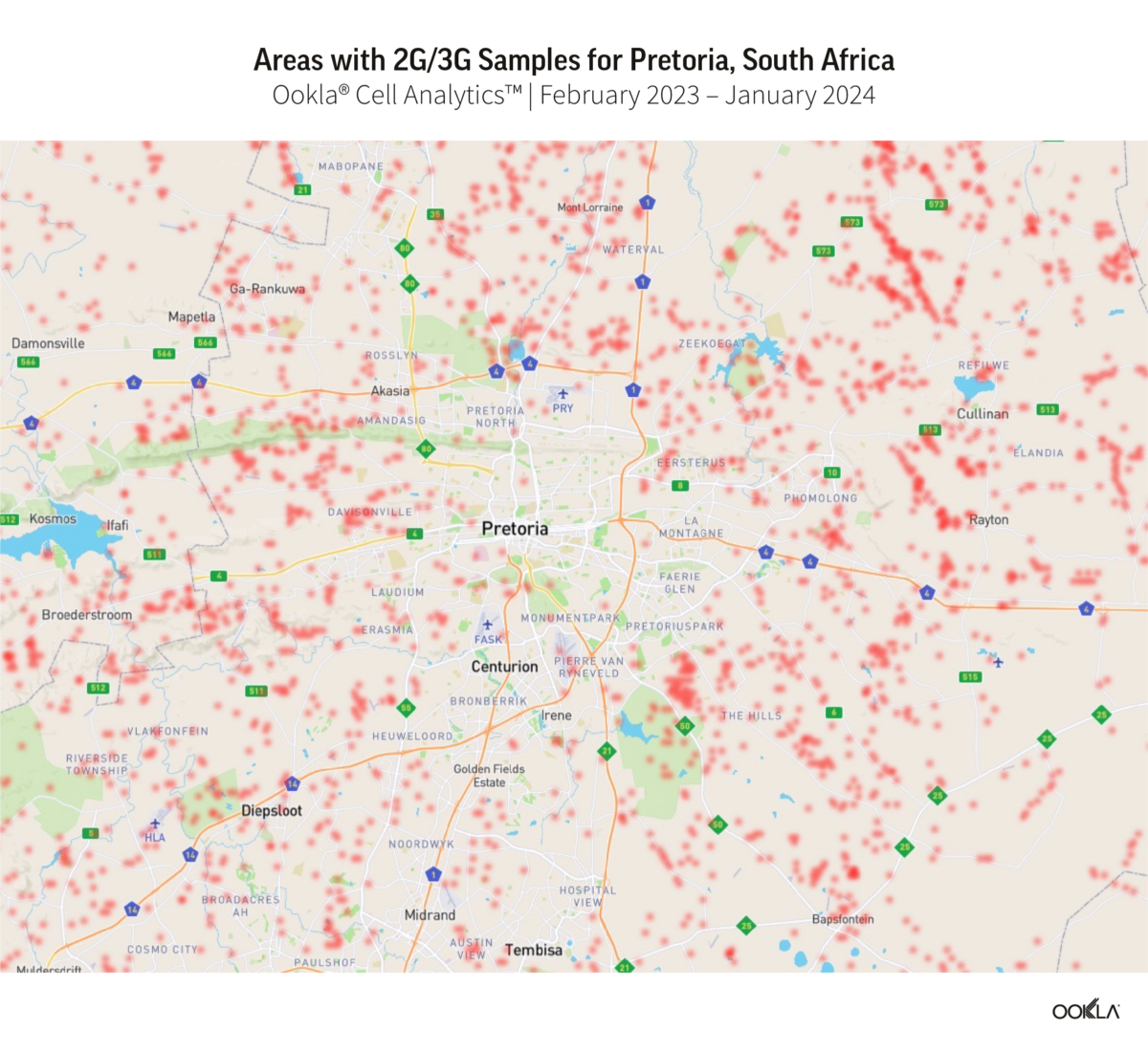 Map of Areas with 2G/3G Samples for Pretoria, South Africa