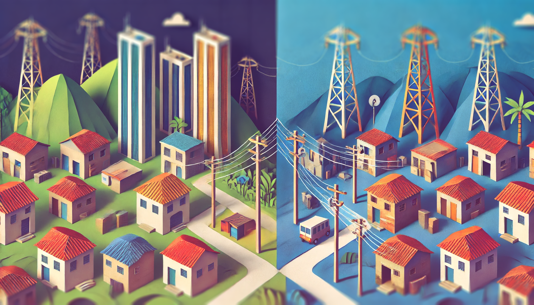 Papercraft illustration of two neighborhoods seemingly and symbolically of Brazilian style