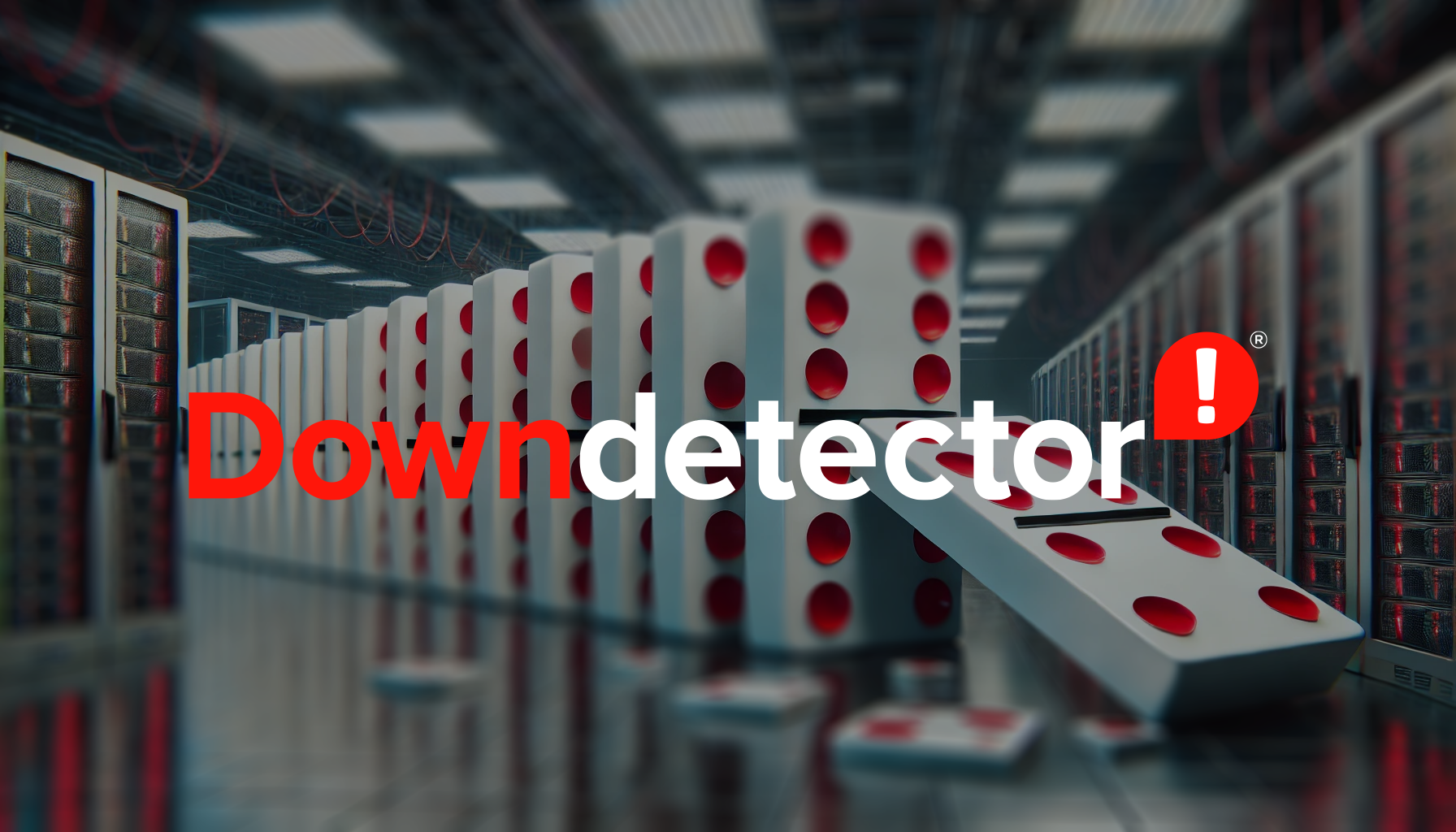 Image render of dominos tipping over within a server room