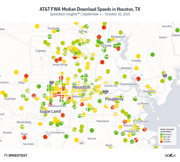 Map of AT&T FWA Median Download Speeds in Houston, TX
